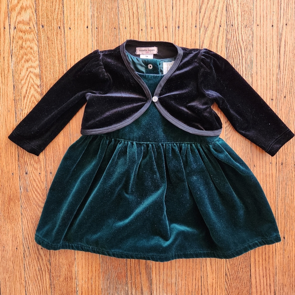 baby GAP green velvet dress and Nanette Lepore Black Shrug 6-12 mos.